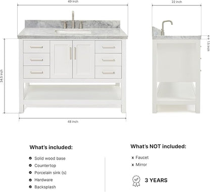 Olivia 48-Inch White Bathroom Vanity with Sink, 1.5" Edge Italian Carrara Marble Countertop & Backsplash, Rectangular Undermount Sink, 2 Soft Closing Doors, 6 Dovetail Drawers, Brushed Nickel
