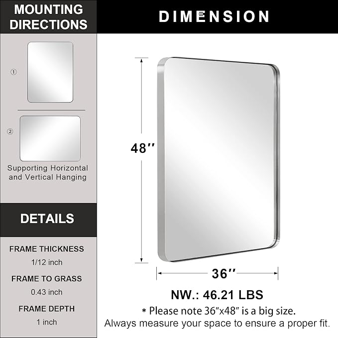 36”x48”Brushed Nickel Mirror for Bathroom, Rounded Rectangle Bathroom Mirror, Modern Metal Mirror in Premium Stainless Steel Frame, 1”Deep Set Design Hangs Horizontal Or Vertical