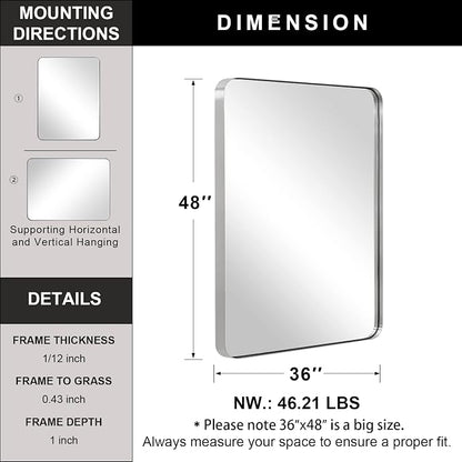 36”x48”Brushed Nickel Mirror for Bathroom, Rounded Rectangle Bathroom Mirror, Modern Metal Mirror in Premium Stainless Steel Frame, 1”Deep Set Design Hangs Horizontal Or Vertical