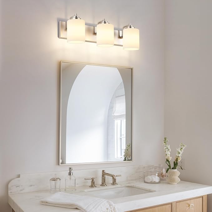 SOLFART Modern Brushed Nickel 3 Light Vanity Sconces for Bathroom, Milky Glass Globe Bathroom Light Fixtures, 3 Lights Over Mirror Wall Mount Lighting (Bulbs Not Included)