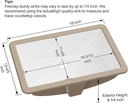 Undermount Bathroom Sink Rectangle, Hugsleek Interior Bowl Size 16 x 12 inch White Porcelain Ceramic Vessel Sink Under Counter Exterior Size 18x14in Rectangular Bath Sink Basin Lavatory Fireclay