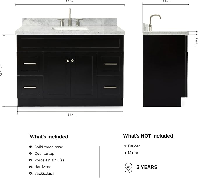 Bradford 48-Inch Bathroom Vanity with Sink — Black Single Sink Bathroom Vanity, 1.5" Edge Italian Carrara Marble Top, Solid Wood, 2 Soft-Close Doors, 4 Full Extension Dovetail Drawers