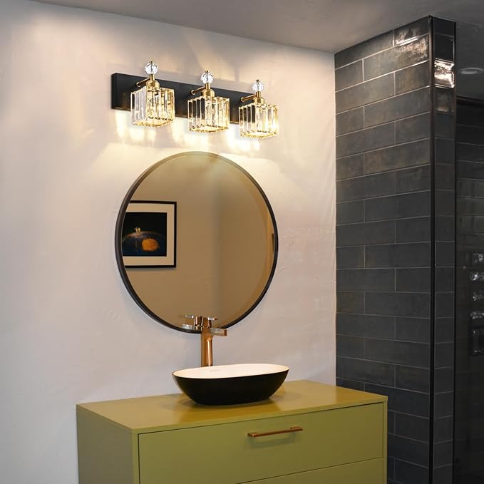 PRESDE 3-Light Crystal Bathroom Vanity Lights Black and Gold Bathroom Lights Fixtures Over Mirror Modern Bath Wall Lighting