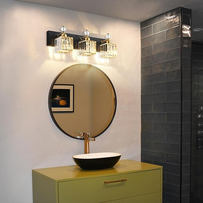 PRESDE 3-Light Crystal Bathroom Vanity Lights Black and Gold Bathroom Lights Fixtures Over Mirror Modern Bath Wall Lighting