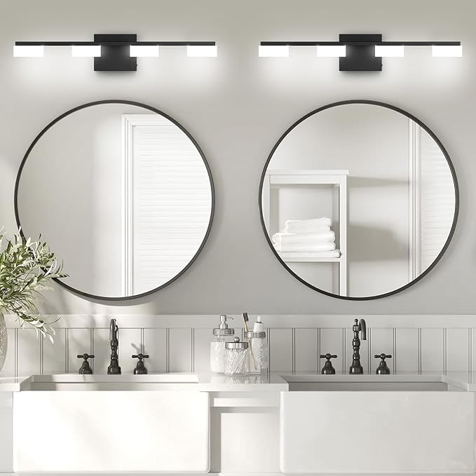 LED Modern Bathroom Light Fixtures Over Mirror, 4-Light Dimmable Vanity Lights, Matte Black Acrylic Bathroom Vanity Light, 2700K-6500K Adjustable, ETL Certificated