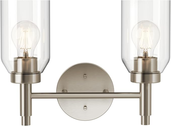 Kichler Madden 2-Light Vanity with Clear Glass in Brushed Nickel, Sloped Ceiling Compatible, for Single or Double Vanity in Bathroom (10.5" x 14.25"), 55184NI