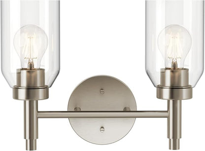 Kichler Madden 2-Light Vanity with Clear Glass in Brushed Nickel, Sloped Ceiling Compatible, for Single or Double Vanity in Bathroom (10.5" x 14.25"), 55184NI