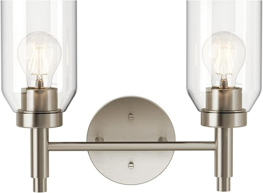 Kichler Madden 2-Light Vanity with Clear Glass in Brushed Nickel, Sloped Ceiling Compatible, for Single or Double Vanity in Bathroom (10.5" x 14.25"), 55184NI