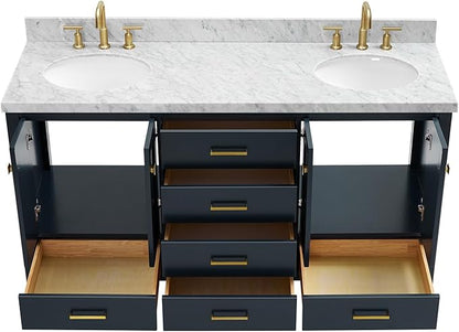ARIEL Cambridge 66-inch Bathroom Vanity with Sink,Solid Wood, 1.5-inch Italian Carrara Marble Countertop, Double Oval Porcelain Sink, 4 Soft Closing Doors, 6 Dovetail Drawers, Midnight Blue