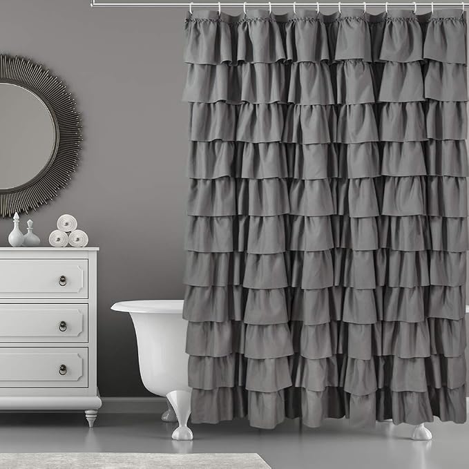 Gray Ruffle Shower Curtain for Bathroom, 72 x 84, Machine Washable Fabric | Handcrafted Ruched Ruffles, Extra-Long 72x84, Soft Brushed Microfiber, Full Coverage Fit, 12 Hooks Included, Easy Hanging