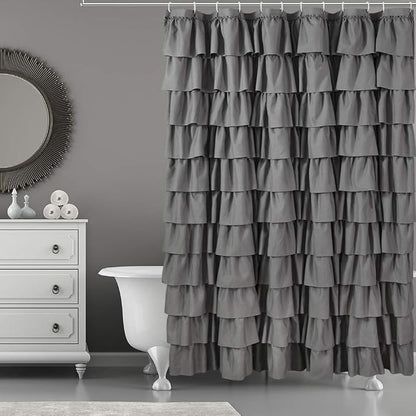Gray Ruffle Shower Curtain for Bathroom, 72 x 84, Machine Washable Fabric | Handcrafted Ruched Ruffles, Extra-Long 72x84, Soft Brushed Microfiber, Full Coverage Fit, 12 Hooks Included, Easy Hanging