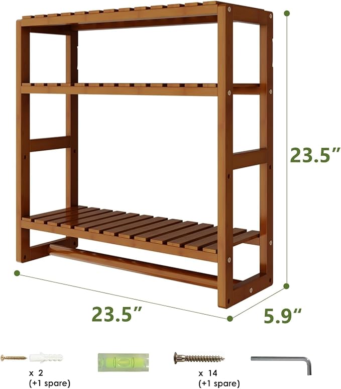Galood Over The Toilet Storage Bathroom Shelves Wall Mounted 3 Tier Brown-L | Space Saver Corner Shelf Organizer Bamboo Towel Rack Toilet Paper Cabinet with Hanging Rod