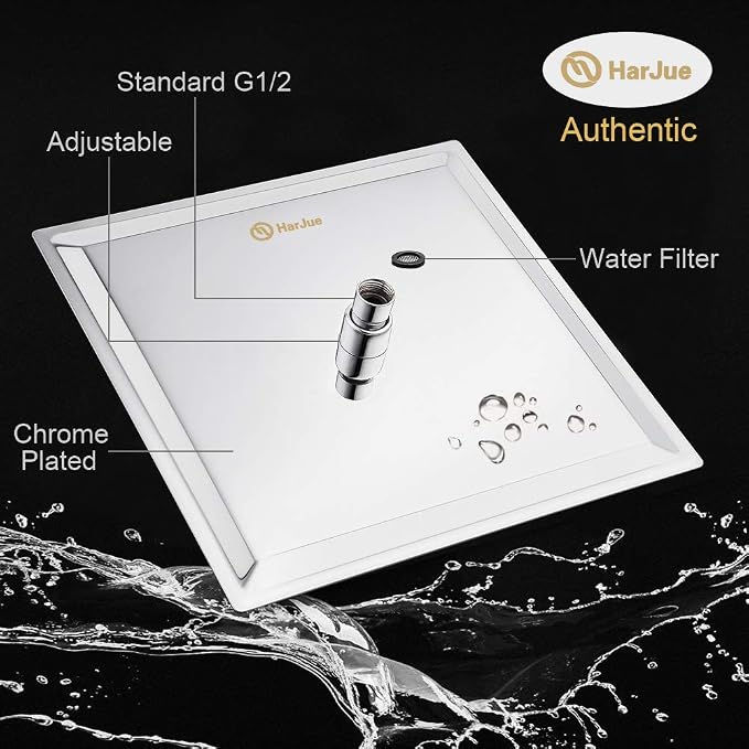 Shower Head with Extension Arm, High Pressure Square with ShowerArm, Stainless Steel Rainfall -Waterfall Full Body Coverage (12'' Shower with 16'' Arm, Chrome)