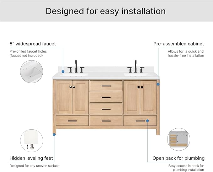 ARIEL Cambridge 66-inch Bathroom Vanity with Sink,Solid Wood, 1.5-inch Carrara White Quartz Countertop, Double Rectangular Porcelain Sink, 4 Soft Closing Doors, 6 Dovetail Drawers, White Oak