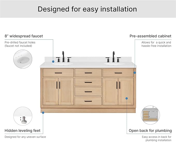 ARIEL Hepburn 72-inch Bathroom Vanity with Sink,Solid Wood, 1.5-inch Carrara White Quartz Countertop & Backsplash, Double Oval Porcelain Sink, 4 Soft Closing Doors, 6 Dovetail Drawers, White Oak