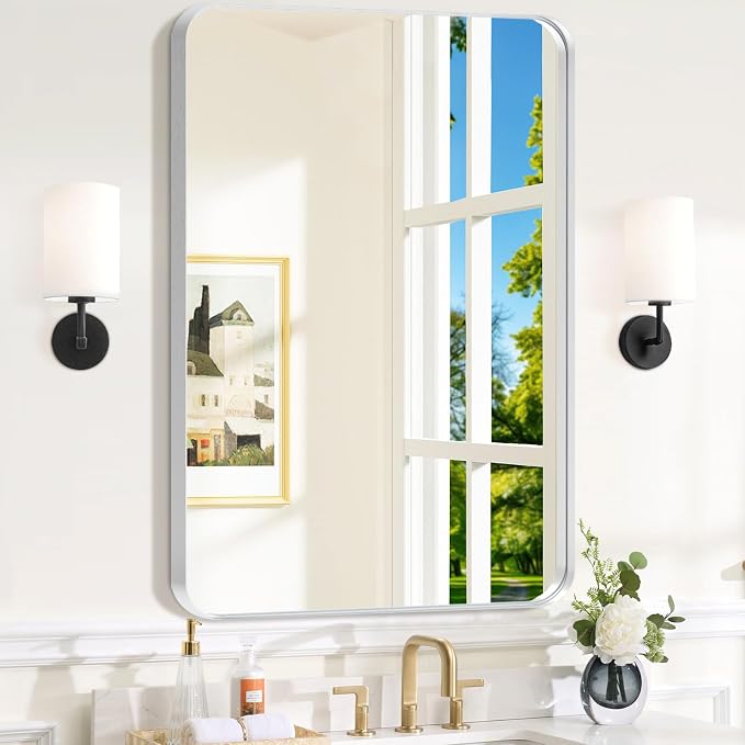 Brushed Nickel Bathroom Mirror for Over Sink, 24" x 36" Framed Rectargular Wall-Mounted Bathroom Mirrors for Vanity, Decorative, Farmhouse, Restroom, Horizontally or Vertically Hanging