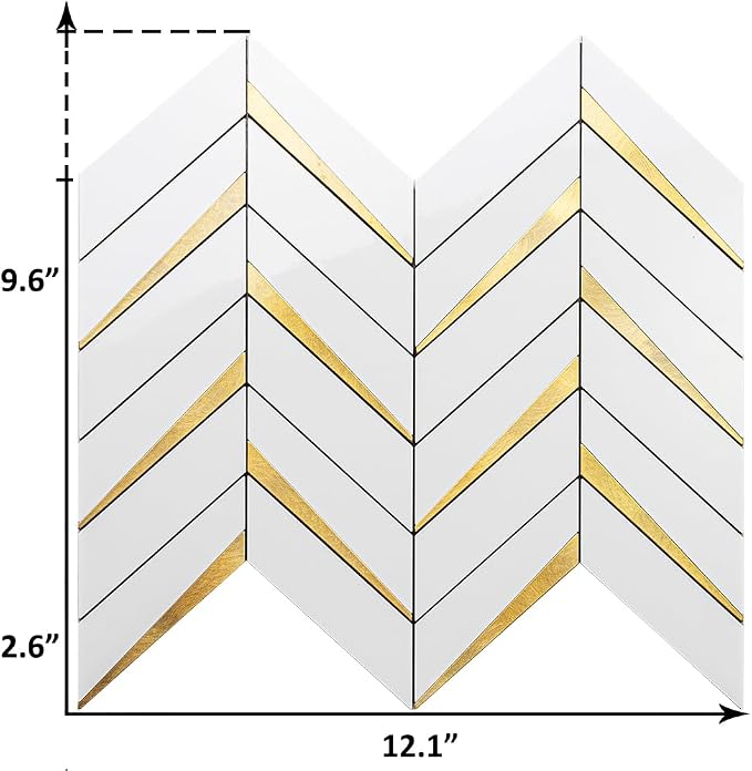 DICOFUN 10-Sheet Herringbone Tile Peel and Stick Backsplash, Polished White PVC Mixed Metal Gold Stick on Backsplash for Kitchen and Bathroom Wall