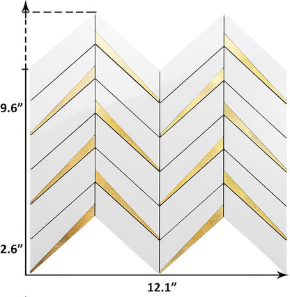 DICOFUN 10-Sheet Herringbone Tile Peel and Stick Backsplash, Polished White PVC Mixed Metal Gold Stick on Backsplash for Kitchen and Bathroom Wall
