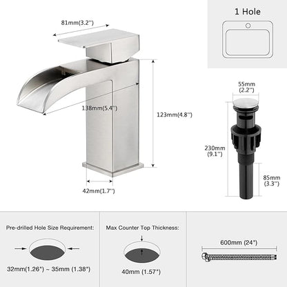 Faustina Brushed Nickel Waterfall Bathroom Faucet, Single Handle Wide Spout Stainless Steel Vanity Sink Faucet with Pop Up Drain & Deck Plate for 1 or 3 Hole