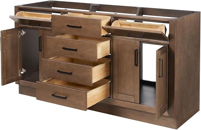 ARIEL Hepburn 66-inch Bathroom Vanity Base Cabinet,Solid Wood, 4 Soft Closing Doors, 6 Dovetail Drawers, Brown Oak