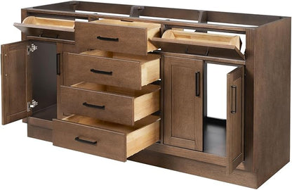 ARIEL Hepburn 66-inch Bathroom Vanity Base Cabinet,Solid Wood, 4 Soft Closing Doors, 6 Dovetail Drawers, Brown Oak