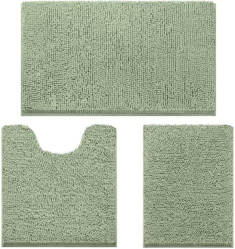 HOMEIDEAS Sage Green Chenille Bathroom Rugs Set of 3, Non Slip Bath Mat