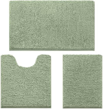 HOMEIDEAS Sage Green Chenille Bathroom Rugs Set of 3, Non Slip Bath Mat