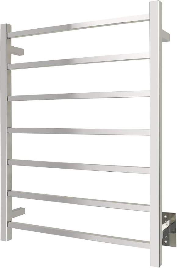 WarmlyYours Tahoe Heated Towel Rack, 7 Bars, Polished Stainless Steel | Hardwired 120V heated towel rack for spa-like bathroom comfort, 427 BTU/hr, energy-efficient towel drying