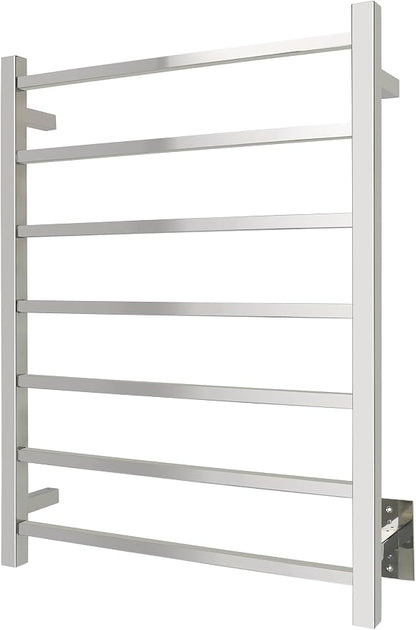 WarmlyYours Tahoe Heated Towel Rack, 7 Bars, Polished Stainless Steel | Hardwired 120V heated towel rack for spa-like bathroom comfort, 427 BTU/hr, energy-efficient towel drying