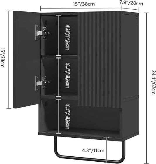 Bathroom Wall Cabinet, Wall Mounted Medicine Cabinets with Towel Bar & Adjustable Shelf, Over The Toilet Space Saver Storage Cabinet with 2 Doors, for Bathroom Laundry Room Kitchen, Black