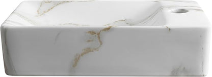 JONATHAN Y SNK1004C-R Felix 15 in. W x 8 in. D Modern Wall Mounted Rectangular Ceramic Mini Sink Basin, Right-Side Faucet, White Marble Effect