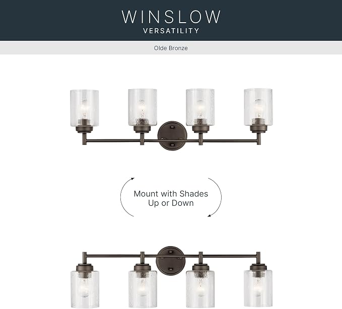Kichler Winslow 4-Light Farmhouse Vanity Light, Olde Bronze | Clear seeded glass vanity light for bathroom mirrors (30" x 9.25" x 12"), 45887OZ