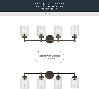 Kichler Winslow 4-Light Farmhouse Vanity Light, Olde Bronze | Clear seeded glass vanity light for bathroom mirrors (30" x 9.25" x 12"), 45887OZ