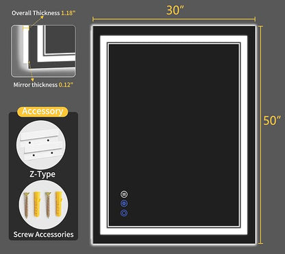30"x50" LED Bathroom Mirror with Lights, Anti-Fog, Backlit + Front Lit, Dimmable, Led Vanity Mirror for Wall, Lighted Bathroom Mirror, 3 Colors, Shatter-Proof Tempered Glass