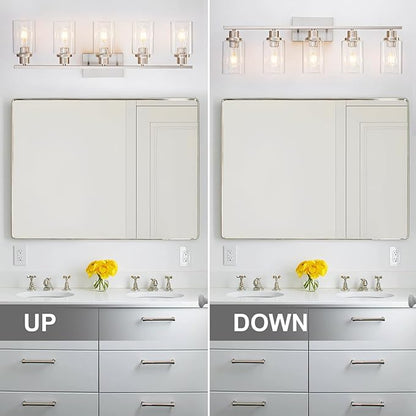 5 Light Bathroom Light Fixtures Brushed Nickel Vanity Light Over Mirror Modern Farmhouse Wall Lighting Sconces Wall Lamp for Bathroom, Bedroom, Living Room E26 Socket with Glass Shade