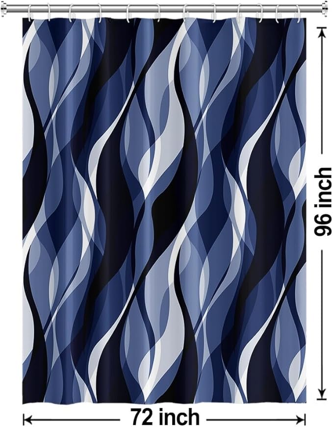 Navy Blue Shower Curtain, Modern Abstract Black and Blue Striped Shower Curtain Set for Bathroom Waterproof Shower Curtain with Hooks, 72x96 Inch