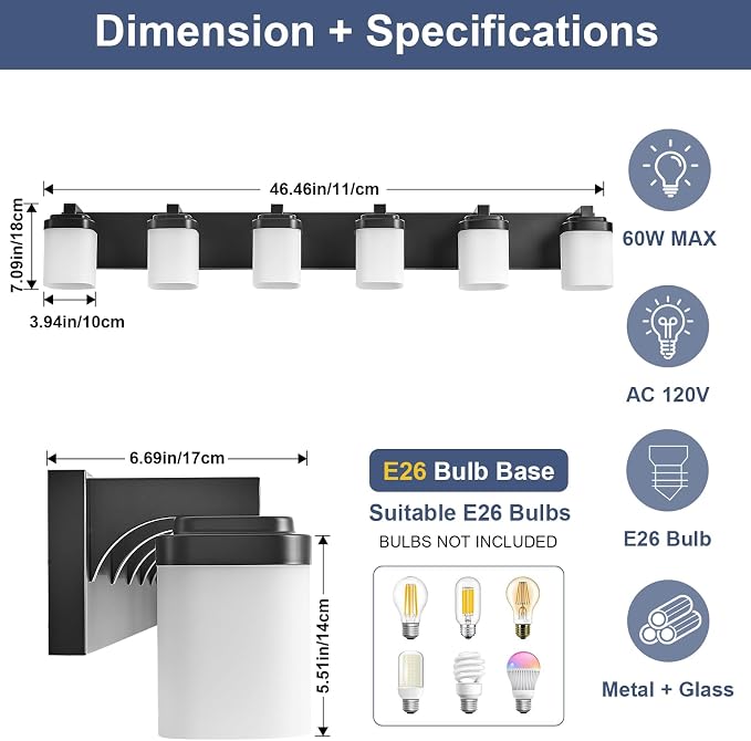 Vanity Lights, Modern Bathroom Light Fixtures Wall Sconce Light | 6-light black bathroom light fixtures over mirror with milky white square glass shade, 45 Inches farmhouse lighting fixtures