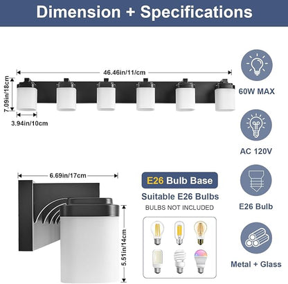 Vanity Lights, Modern Bathroom Light Fixtures Wall Sconce Light | 6-light black bathroom light fixtures over mirror with milky white square glass shade, 45 Inches farmhouse lighting fixtures