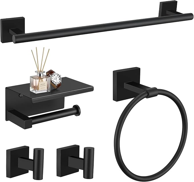 TURS 5-Pieces Matte Black Bathroom Hardware Set 23.6 Inch SUS304 Stainless Steel Towel Bar Set Wall Mounted Square Toilet Paper Holder with Shelf