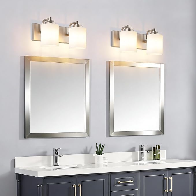 SOLFART Brushed Nickel 2 Light Vanity Lights for Bathroom, Milky Glass Shade Vintage Wall Sconce, Modern Bathroom Light Fixture Over Mirror, Easy to Install High-End Vanity Light (Bulbs Not Included)