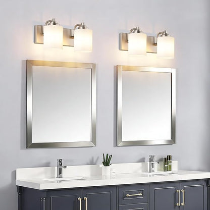 SOLFART Brushed Nickel 2 Light Vanity Lights for Bathroom, Milky Glass Shade Vintage Wall Sconce, Modern Bathroom Light Fixture Over Mirror, Easy to Install High-End Vanity Light (Bulbs Not Included)