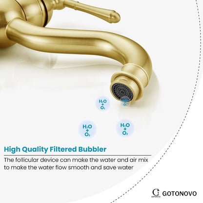 gotonovo Vintage Bathroom Vessel Sink Faucet, Brushed Gold, with Drain | Tall Bathroom Faucet 1 Hole Single Handle, 360° Swivel Spout, cUPC Water Lines, Lead-Free, for Farmhouse Vanity Washbasin RV
