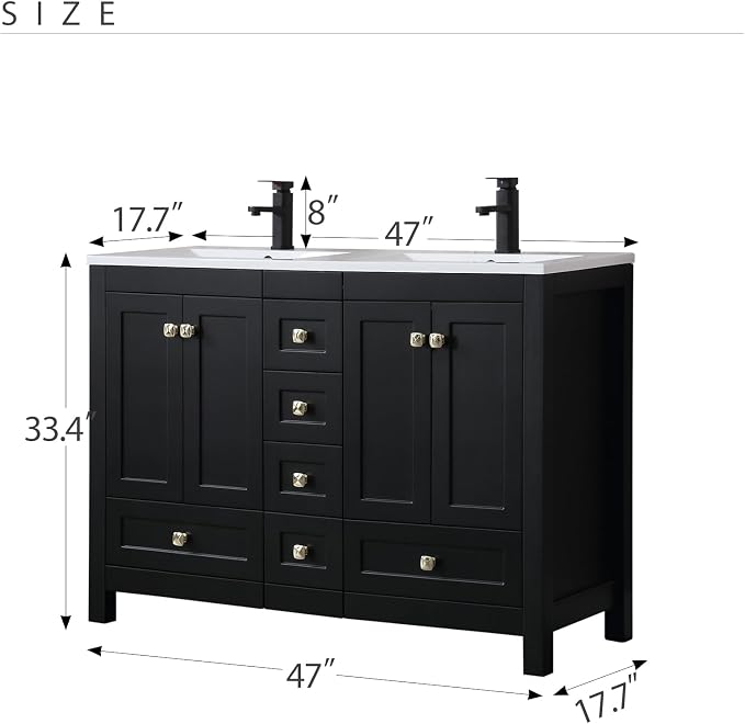 LUCKWIND 48" Bathroom Vanity and Sink Combos, Modern Bathroom Storage Painted Cabinet with Undercounter Resin Dual Sink Top, Matte Black Faucet and 6 Drawers, Mirror Not Included, Black