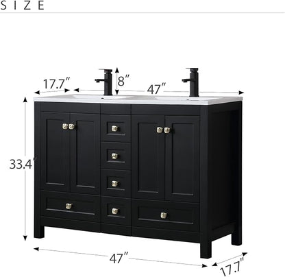 LUCKWIND 48" Bathroom Vanity and Sink Combos, Modern Bathroom Storage Painted Cabinet with Undercounter Resin Dual Sink Top, Matte Black Faucet and 6 Drawers, Mirror Not Included, Black