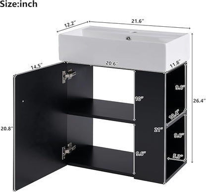 21.6 in Floating Bathroom Vanity with Sink,Soft Closing Doors,Solid Wood Frame & MDF Modern Single Small Black Bathroom Vanity Cabinet with Open Shelf,Wall Mounted