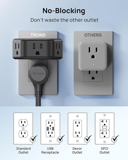 TROND 360 Rotating Plug Outlet Extender for Bathroom Kitchen, Black | Outlet Splitter with 3 Grounded Sockets, No Blocking with 3 Way Angled Design, Small Multi Plug Adapter for Home Office
