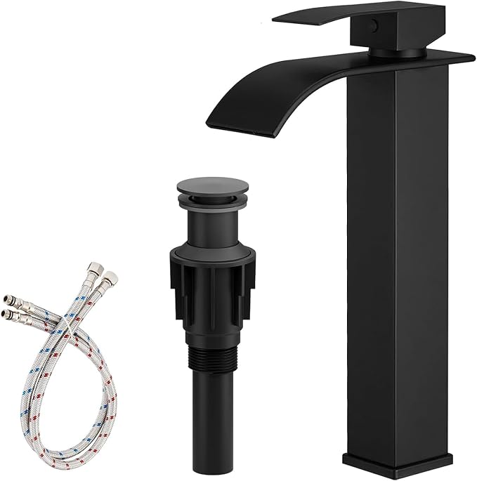 Vessel Sink Faucet Black Waterfall Bathroom Faucet with Drain Assembly | Stainless Steel,Single Handle One Hole,Deck Mount,Modern Bowl Sink Faucet,with 3/8" Supply Hose,Lead-Free by Bathfinesse
