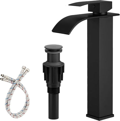 Vessel Sink Faucet Black Waterfall Bathroom Faucet with Drain Assembly | Stainless Steel,Single Handle One Hole,Deck Mount,Modern Bowl Sink Faucet,with 3/8" Supply Hose,Lead-Free by Bathfinesse