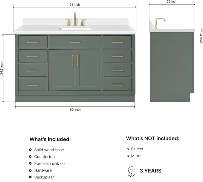 ARIEL Hepburn 60-inch Bathroom Vanity with Sink,Solid Wood, 1.5-inch Pure White Quartz Countertop, Single Rectangular Porcelain Sink, 2 Soft Closing Doors, 9 Dovetail Drawers, Vintage Green
