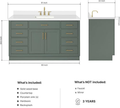 ARIEL Hepburn 60-inch Bathroom Vanity with Sink,Solid Wood, 1.5-inch Pure White Quartz Countertop, Single Rectangular Porcelain Sink, 2 Soft Closing Doors, 9 Dovetail Drawers, Vintage Green